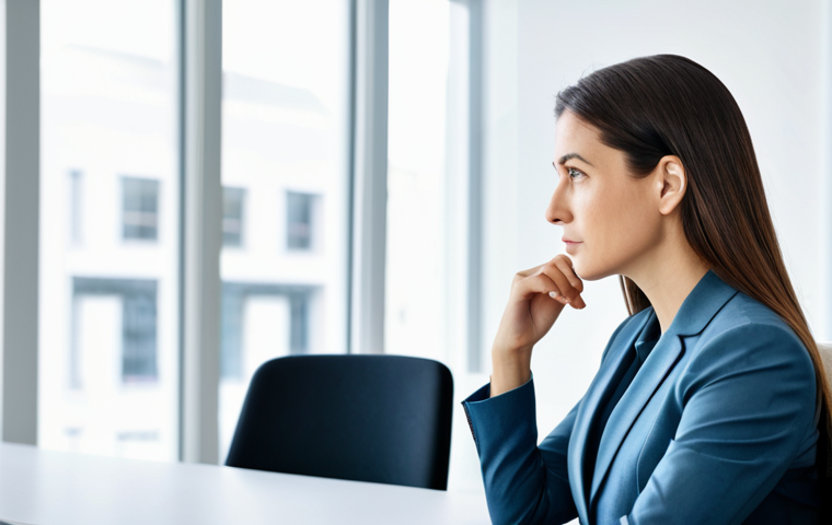 A professional woman property manager in a modest business suit, seated at a sleek conference table in a modern, brightly lit office, engaged in a thoughtful discussion. Her expression is focused and confident. The background shows subtle elements of a well-organized workspace. fully clothed, appropriate attire, safe for work, perfect anatomy, correct proportions, natural pose, well-formed hands, proper finger count, natural body proportions, professional photography, high quality, professional.