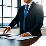 A professional property manager, a person in a modest business suit, meticulously reviewing legal documents and lease agreements at a polished desk in a modern, organized office. Sunlight streams through a large window. The manager has a focused expression, demonstrating diligence and expertise. The scene emphasizes attention to detail and legal compliance, fully clothed, appropriate attire, professional dress, safe for work, appropriate content, perfect anatomy, correct proportions, natural pose, well-formed hands, proper finger count, natural body proportions.