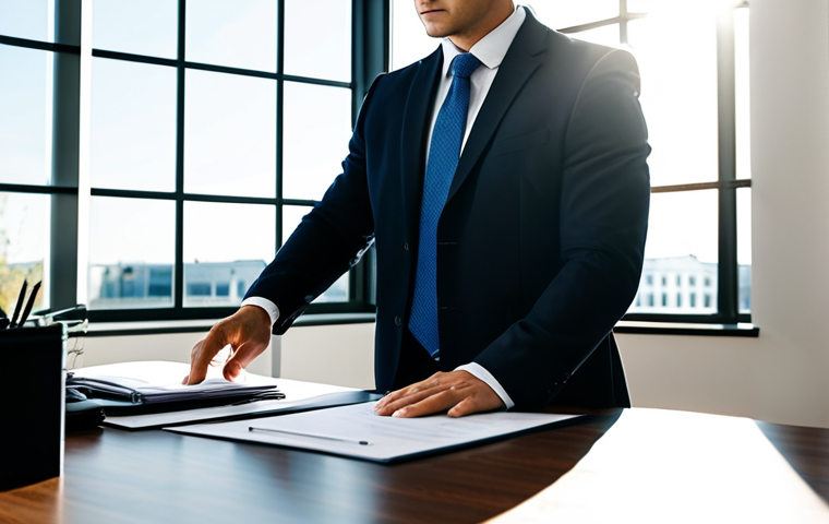 A professional property manager, a person in a modest business suit, meticulously reviewing legal documents and lease agreements at a polished desk in a modern, organized office. Sunlight streams through a large window. The manager has a focused expression, demonstrating diligence and expertise. The scene emphasizes attention to detail and legal compliance, fully clothed, appropriate attire, professional dress, safe for work, appropriate content, perfect anatomy, correct proportions, natural pose, well-formed hands, proper finger count, natural body proportions.