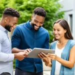 주택관리사 업무 중 잦은 문제와 해결책 - **Prompt:** A diverse group of young professionals and families smiling and interacting positively w...