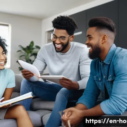 주택관리사 수험생 커뮤니티 활용법 - A diverse group of young adults studying together in a cozy, well-lit living room, surrounded by tex...