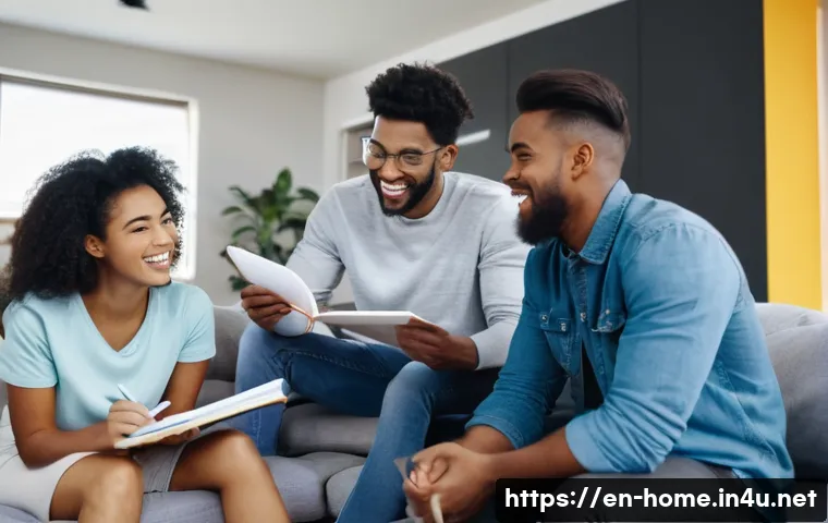 주택관리사 수험생 커뮤니티 활용법 - A diverse group of young adults studying together in a cozy, well-lit living room, surrounded by tex...