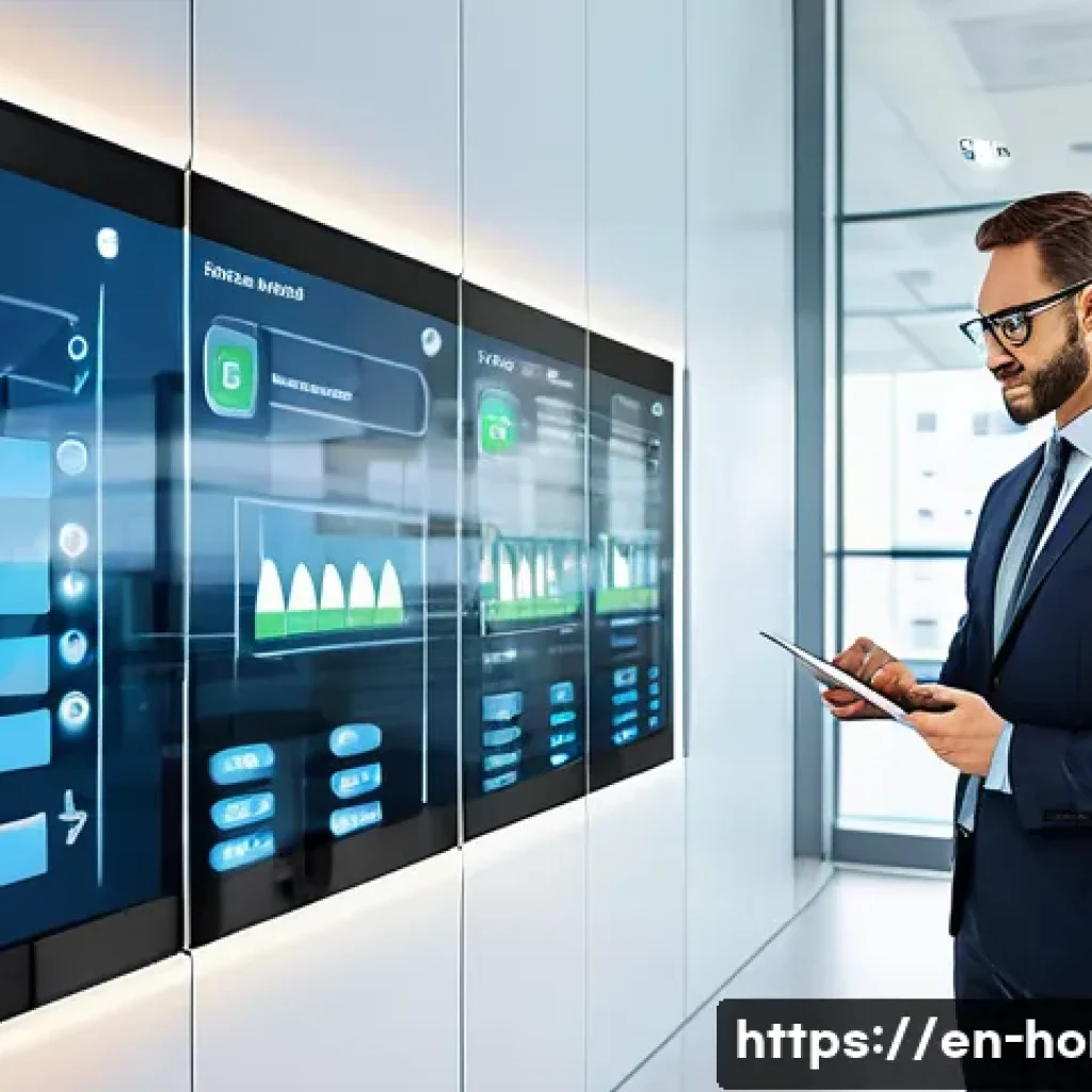 주택관리사 자격증과 취업 시장 변화 - A modern property manager in a sleek office setting, working on a large touchscreen smart building m...