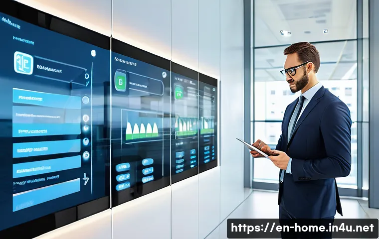 주택관리사 자격증과 취업 시장 변화 - A modern property manager in a sleek office setting, working on a large touchscreen smart building m...