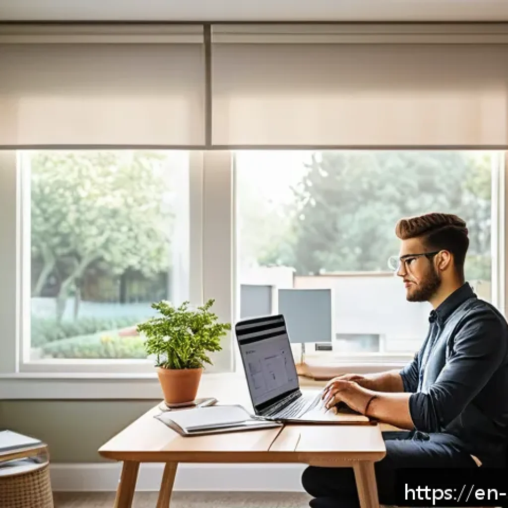 주택관리사 시험 합격 비결 - A modern home office study space bathed in natural light, featuring a clean wooden desk with neatly ...