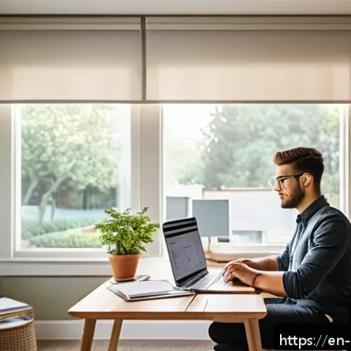 주택관리사 시험 합격 비결 - A modern home office study space bathed in natural light, featuring a clean wooden desk with neatly ...