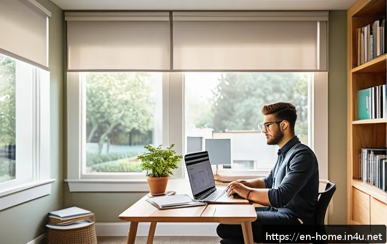 주택관리사 시험 합격 비결 - A modern home office study space bathed in natural light, featuring a clean wooden desk with neatly ...