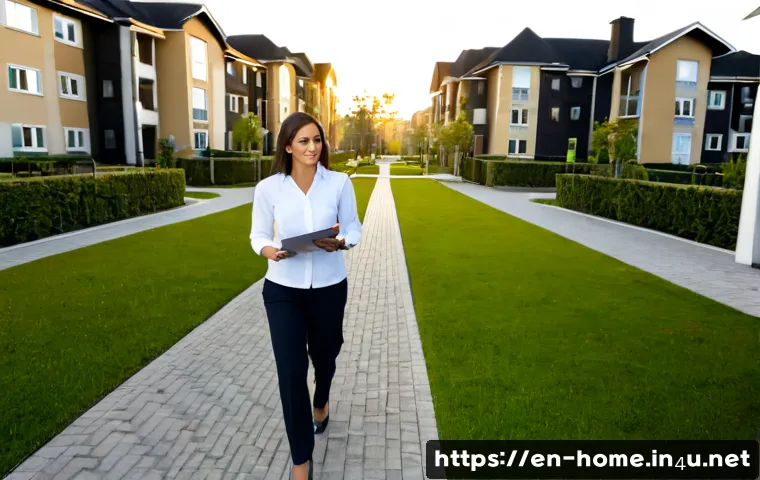 주택관리사 현직자의 하루 일과 - Photorealistic morning scene of a residential property manager in a neat business-casual outfit walk...